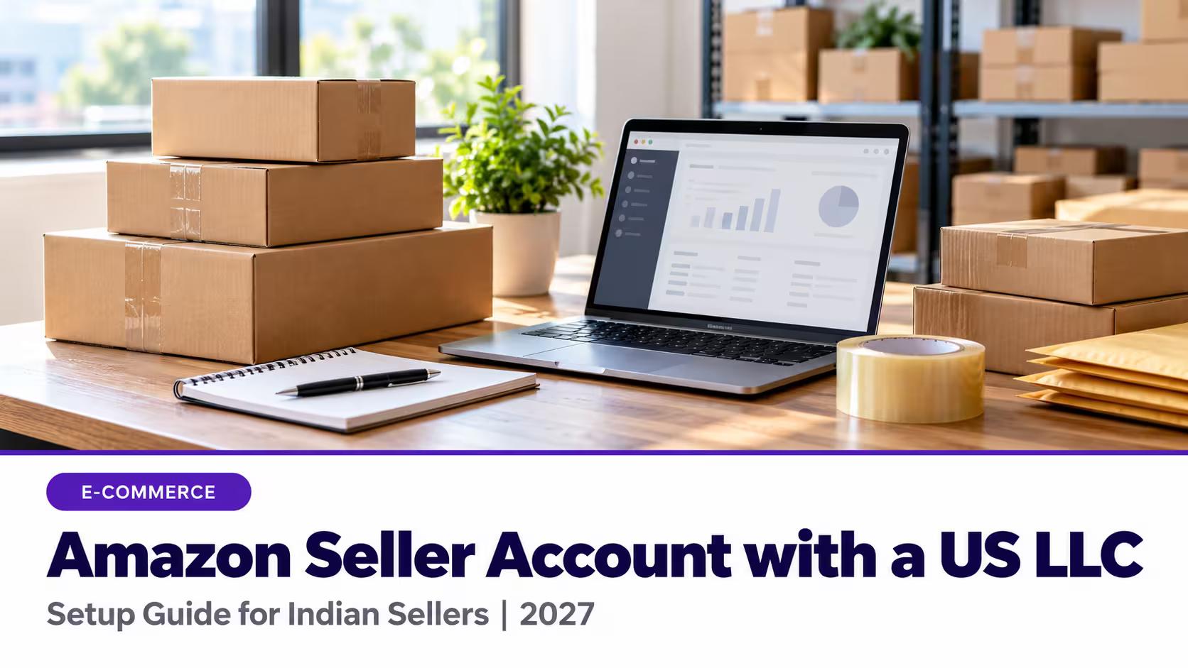 Amazon Seller Account with a US LLC, Setup Guide for Indian Sellers 2027, headline below a photo of an e-commerce packing station with cardboard boxes and a laptop