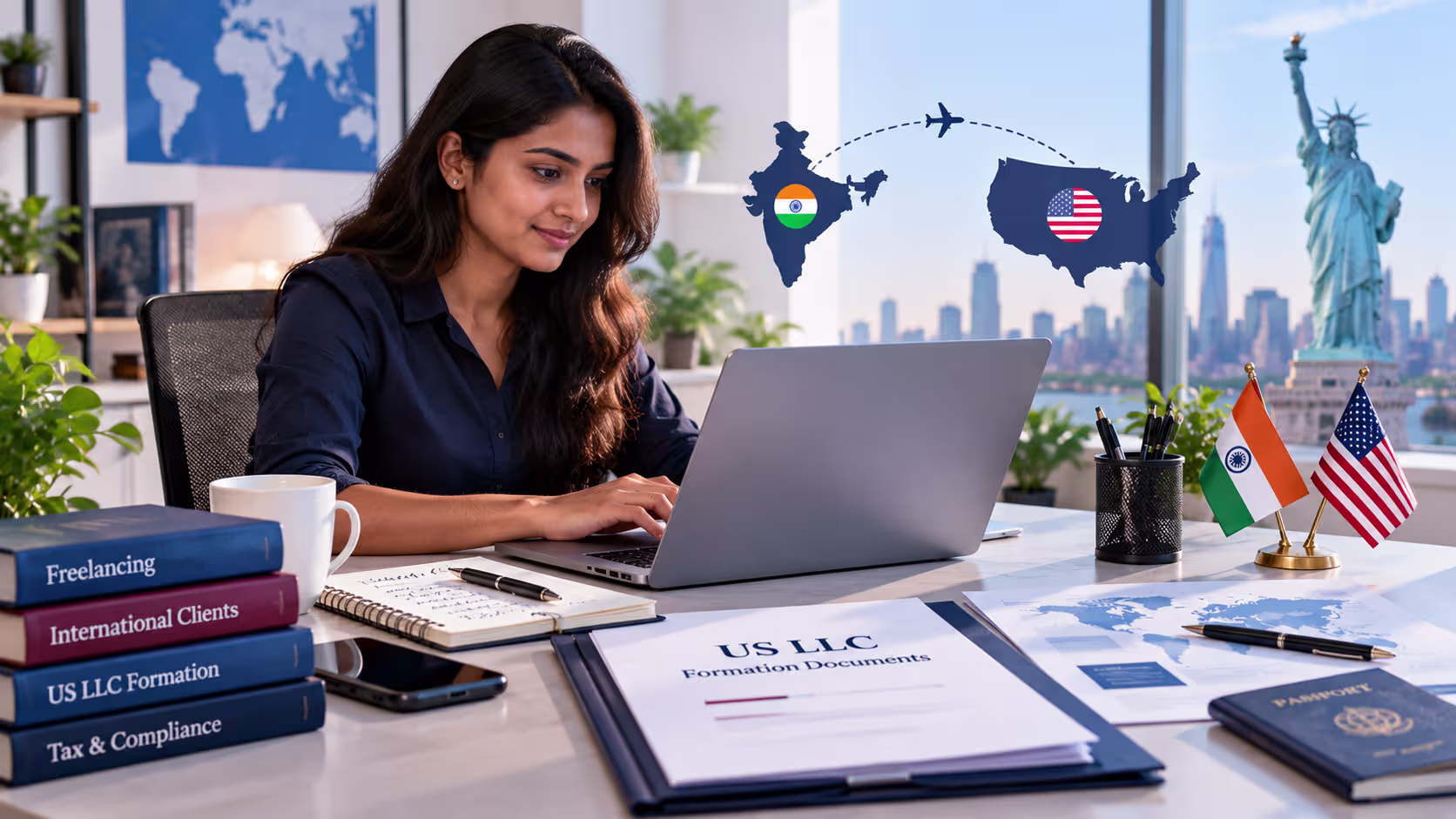 Indian freelancer considering U.S. LLC formation, international client work, and business registration documents.